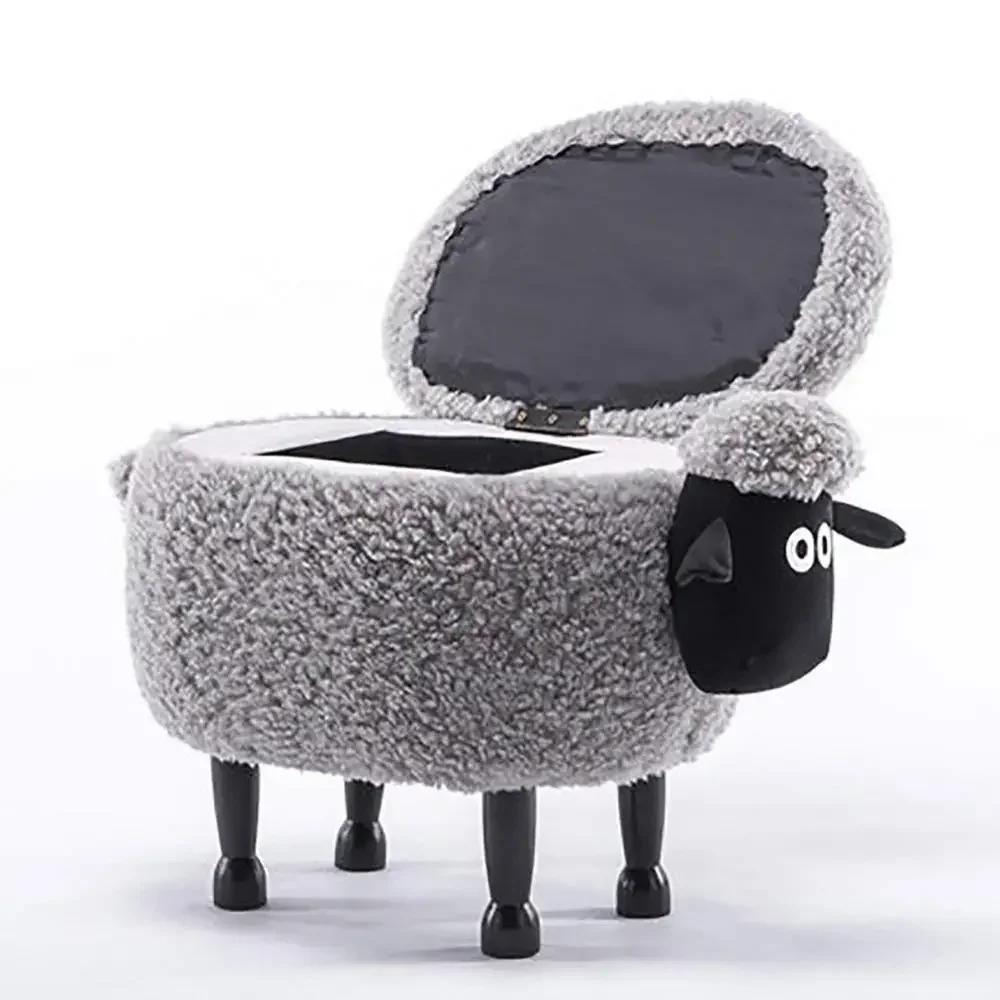 

Children Animals Sheep Storage Stool Fluffy Fabric Ottoman Creative Storage Box Footstool Solid Wood Upholstered Shoe Stool