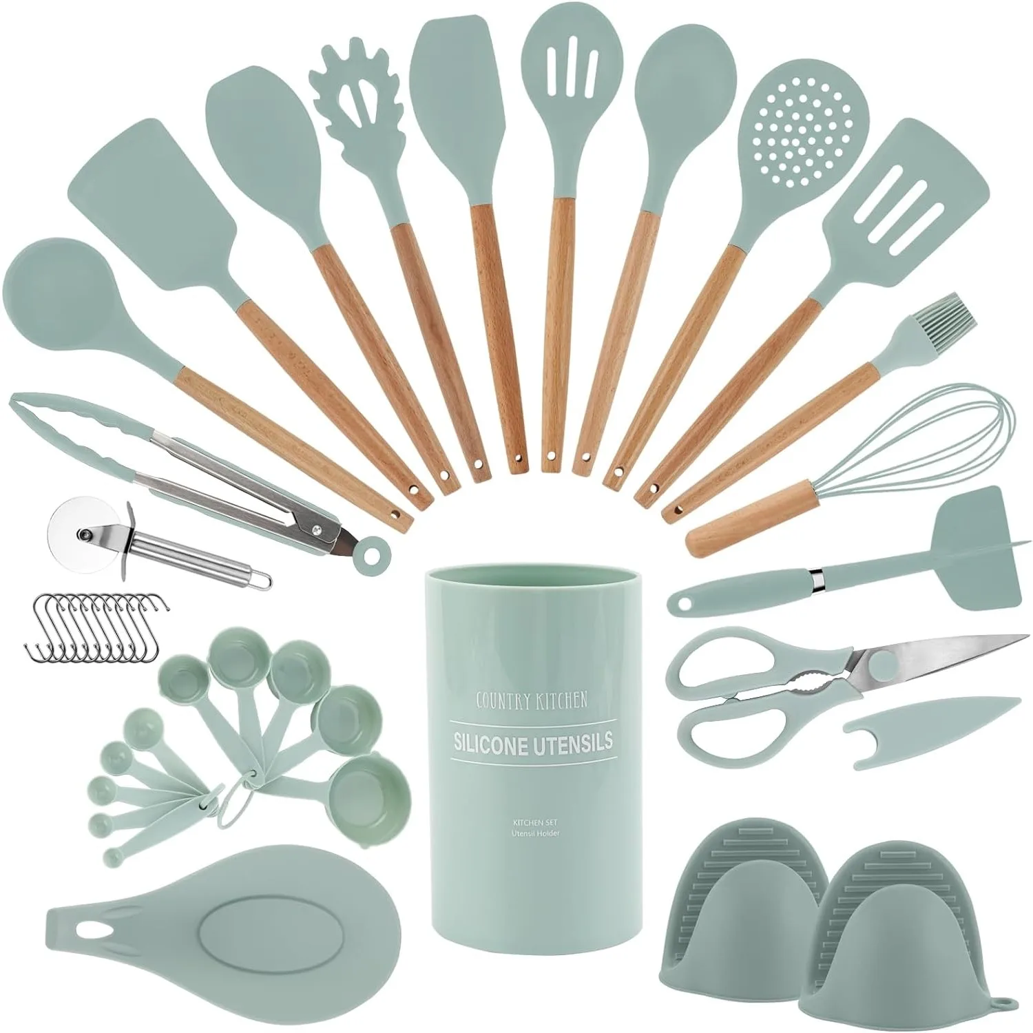 

Country Kitchen Cooking Utensils Set - 38 pcs Non-stick Silicone Spatula Set, Wooden Handles and Heat Resistant Gadgets Utensil