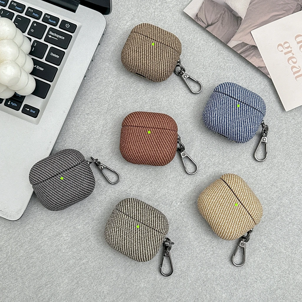 Fresh Simple Oblique Stripe Texture Faux Leather With Hook Protective Earphone Cover Case for AirPods 1 or 2 3 4 5 Pro 2 Pro 3