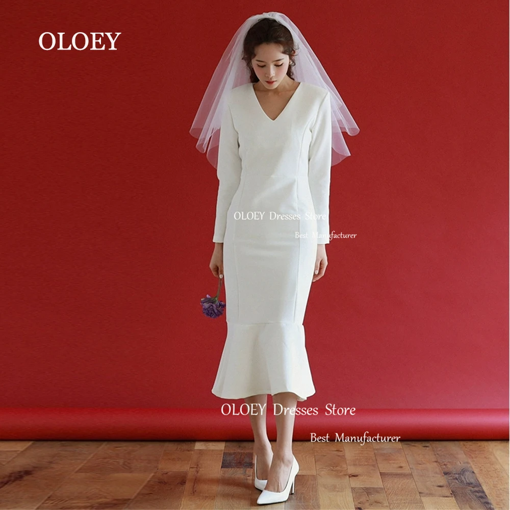 Oloey einfache Elfenbein Meerjungfrau Brautkleid Korea Fotoshooting V-Ausschnitt lange Ärmel Brautkleid mittlere Wade Länge benutzer definierte Korsett Reiß verschluss zurück