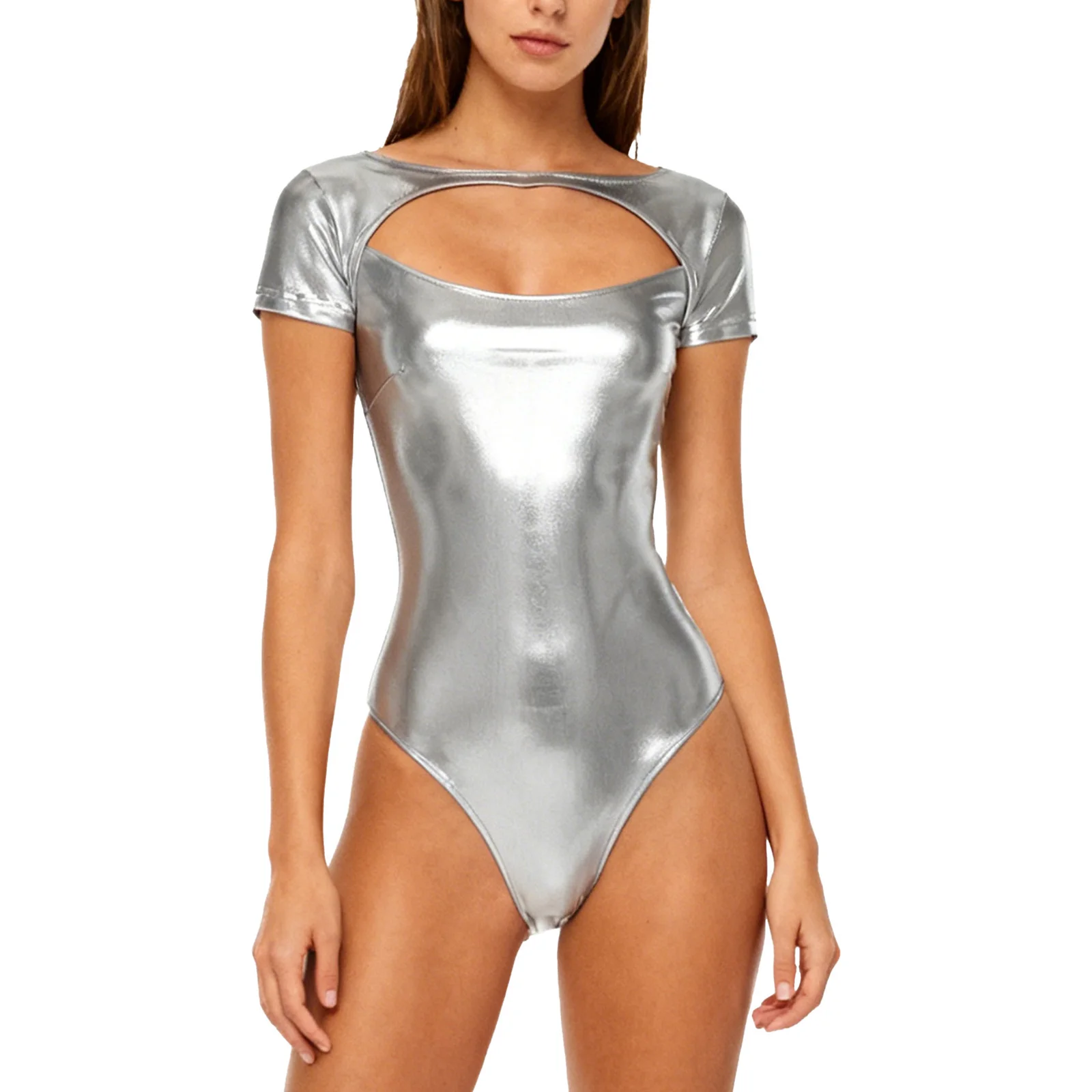 

Women High Look Short Sleeve Dance Bodysuits Disco Raves Pole Dance Rock Music Festival Dance Performance Shiny Metallic Leotard