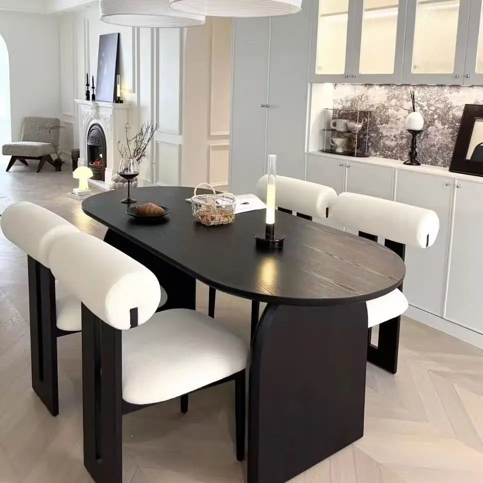 &* French Modern Style Solid Black White Ash Wood 6-Piece Dining Table Chair Set For Home Small Apartment Dining Use