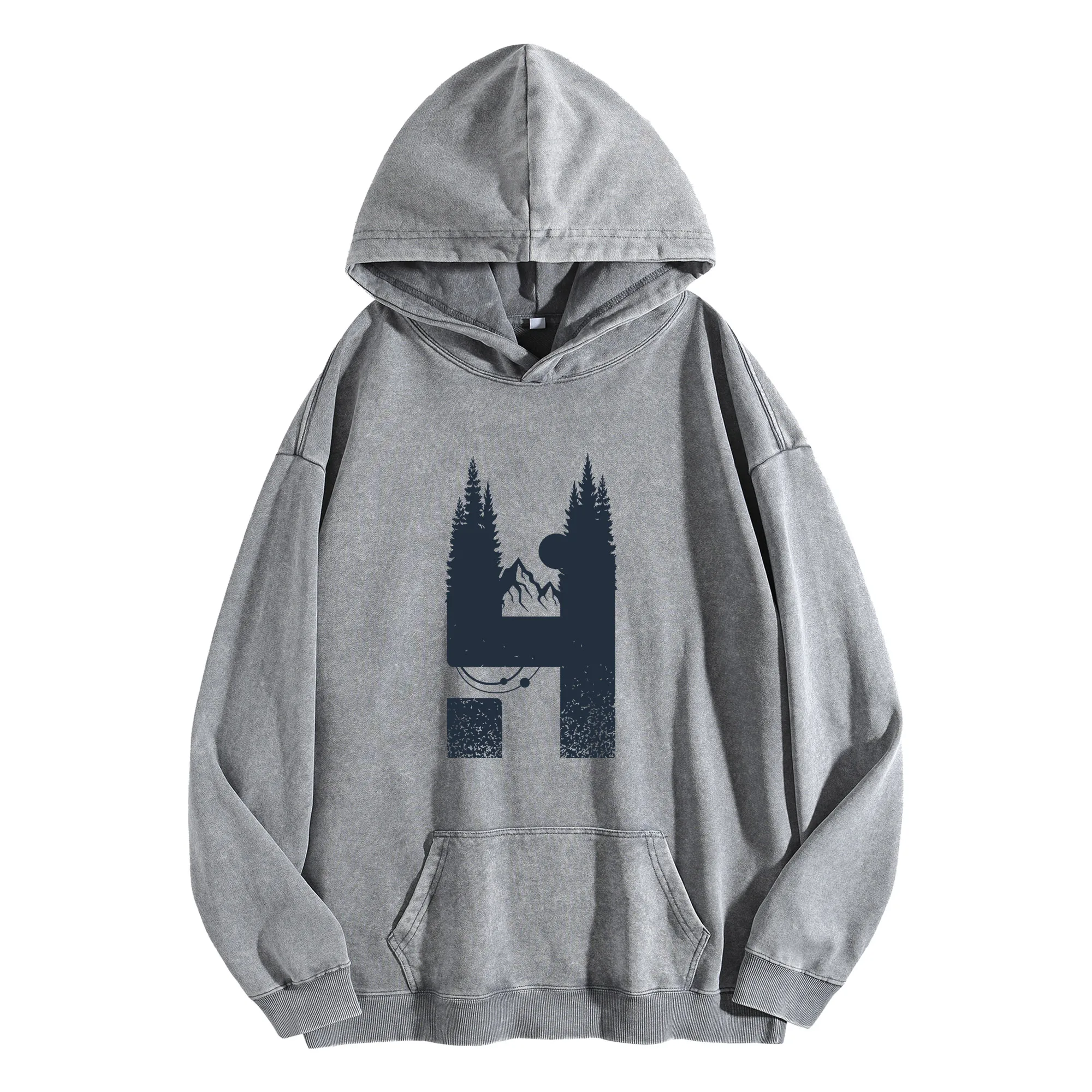 سترة بغطاء للرأس مغسولة عتيقة 400G بطباعة جرافيك من Forest H للجنسين، بلوفر كبير الحجم، مجموعة الخريف/الشتاء