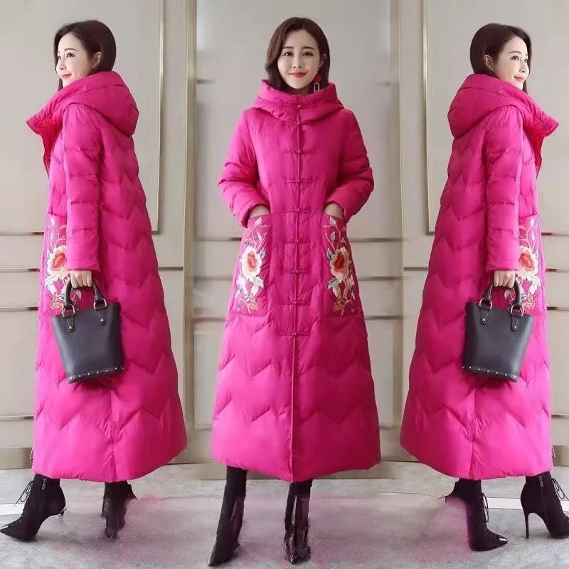 

Women's Long Cotton Jaet New Sle National Retro Embroidery Slim Stand Collar Winter Cotton Coat Outerwear