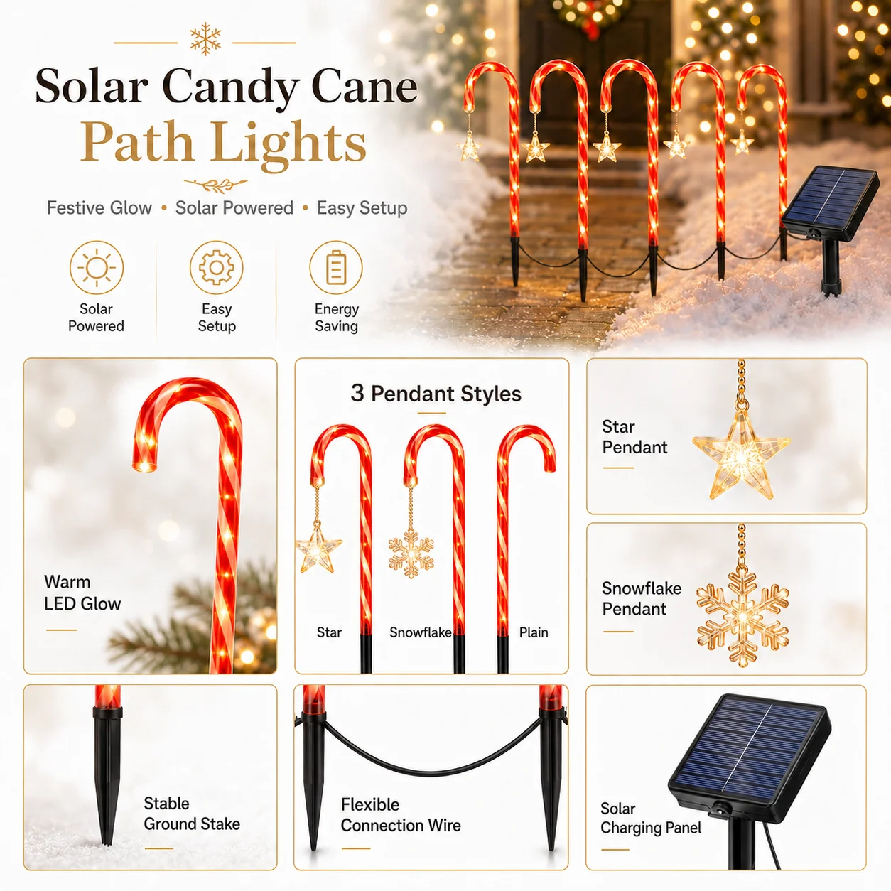 Solar Candy Cane Path Lights Christmas Halloween Outdoor LED Garden Stake Lights Star Snowflake Plain Yard Lawn Decor
