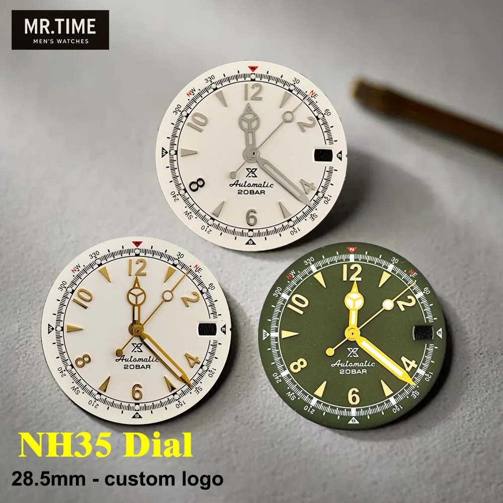 NH35 dial High Quality 28.5mm custom logo watch Dial Fit NH35 movement green luminous watch accessories repair tool