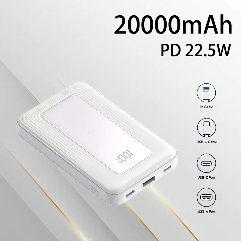 

20000mAh Power Bank 22.5W Fast Charging Ultra Slim Built in Cable Large Capacity External Battery For Mobile Phones Travel