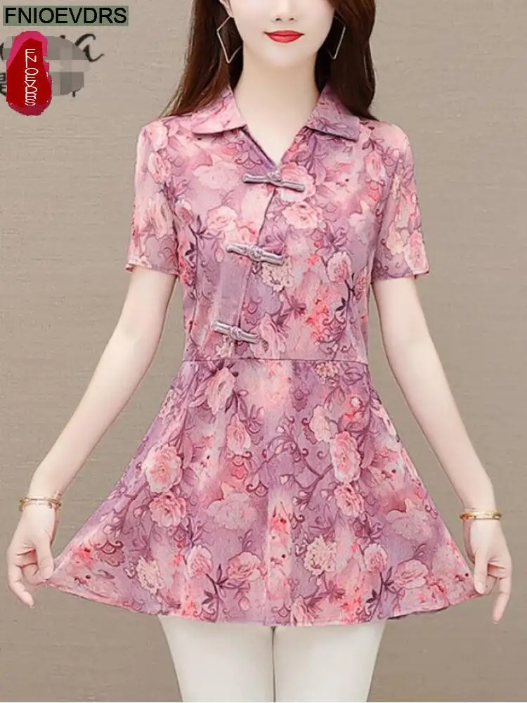 2022 Summer Short Sleeve Loose Lazy Clothes Floral Women Vintage Blouses Long Shirt Purple Female Casual Peplum Tunic Retro Tops