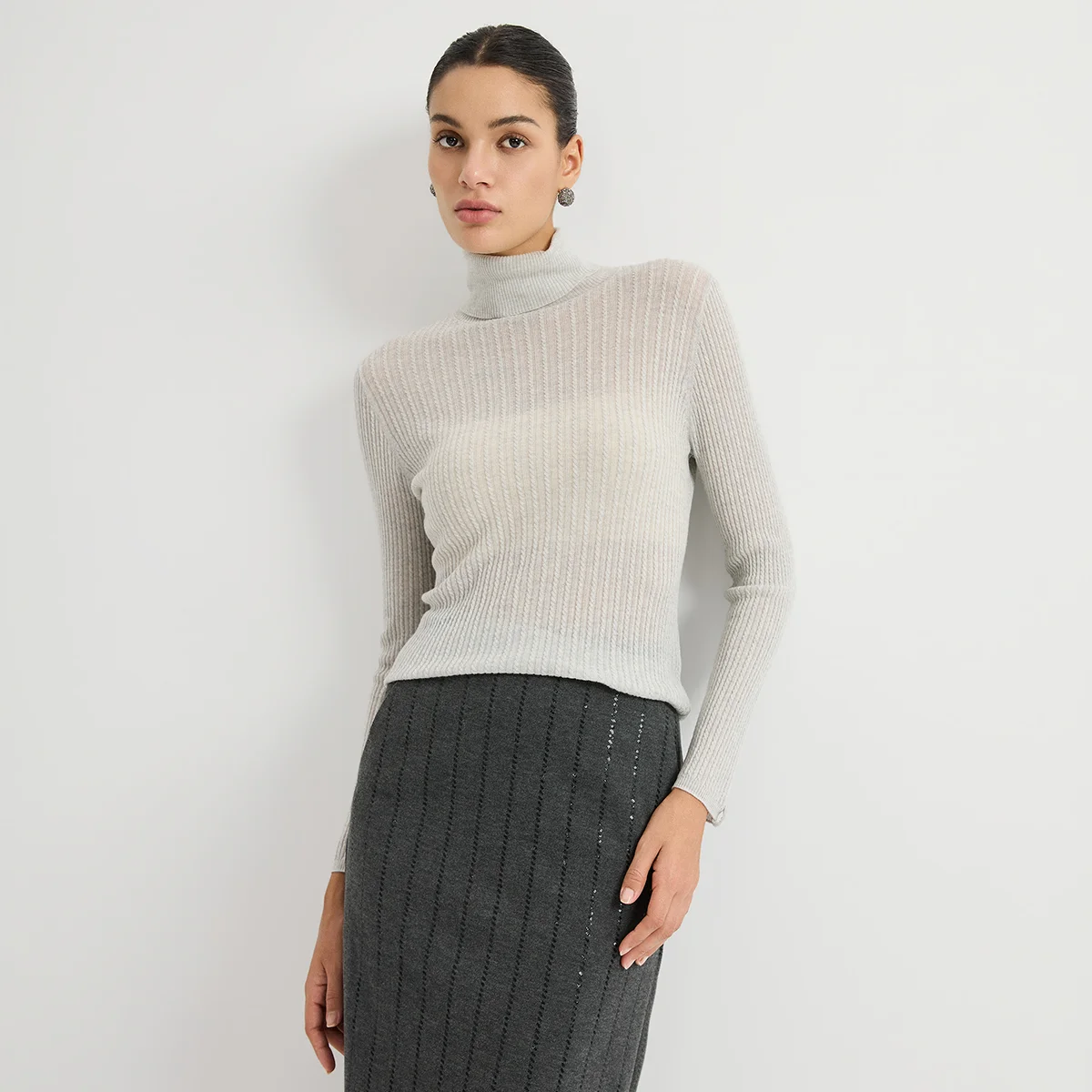 BY3621692 Women's Turtleneck Wool Blend Cable Knit Long Sleeve Pullover Cuff Chain Detail Subtle Shimmer Slim Fit Early Autumn view 4