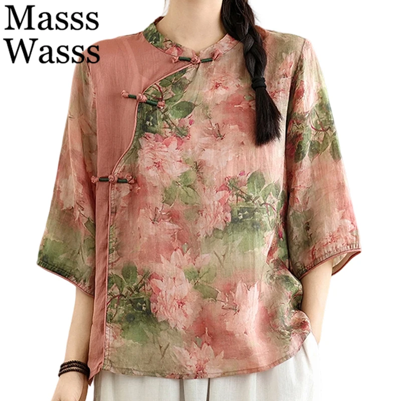 

Mass Wass, китайские женские шифоновые рубашки с воротником-стойкой и принтом, женские классические свободные блузки с цветочным принтом, винтажная одежда, модные топы