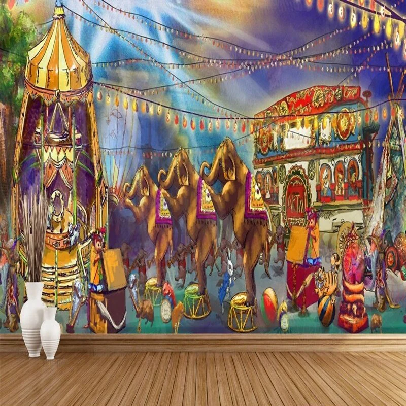 Simple European-style Nordic hand-painted abstract circus amusement park work clothes luxurious home decoration background wall