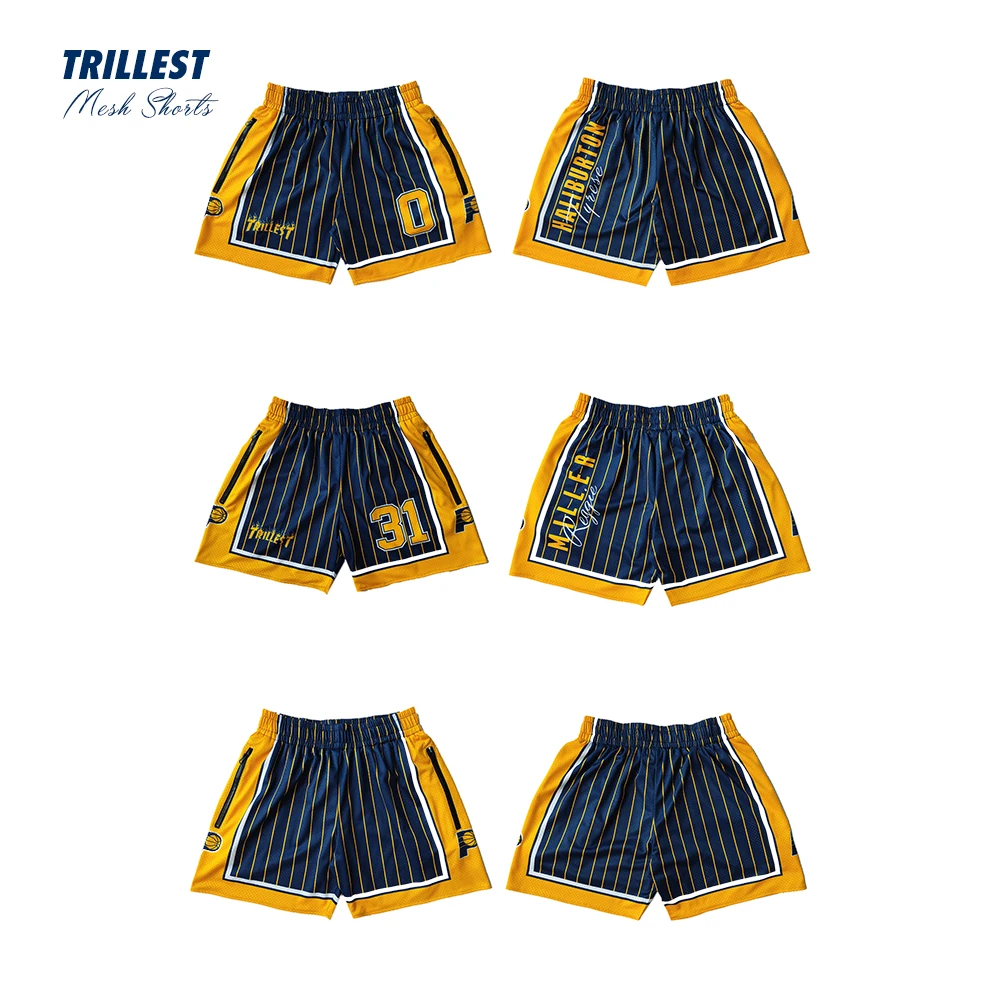Trillest 2025 Men's Basketball Shorts Heavyweight Mesh Digital Print Haliburton Miller Stripes Navy Throwback Sportswear