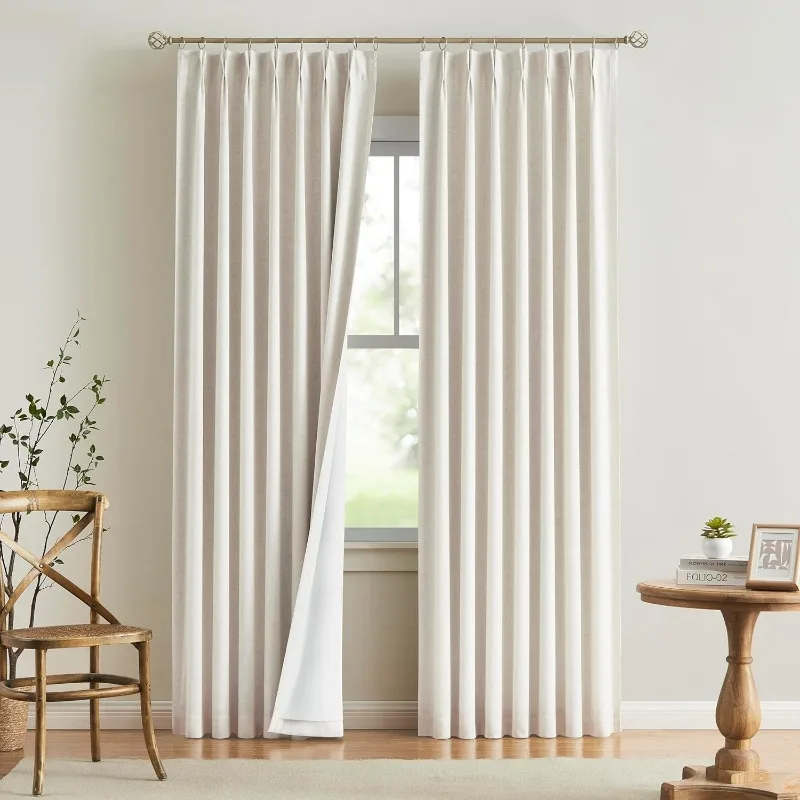 

Natural Pinch Pleated Full Blackout Curtains Linen Blended Room Darkening Window Curtains 90 inch for Living Room Be