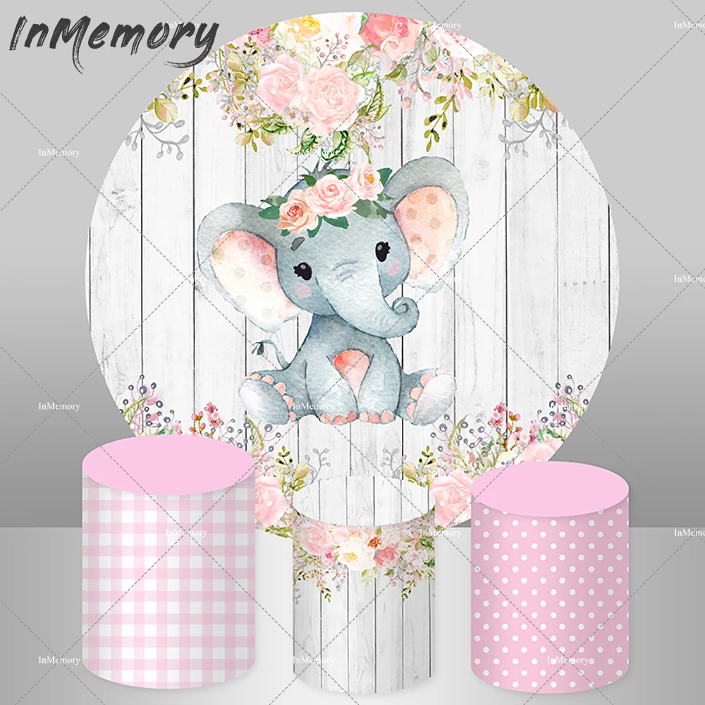 Baby Elephant Round Backdrop for Kids Birthday Party Table Decoration Custom Pink Flower Wood Theme Cylinder Cover Background