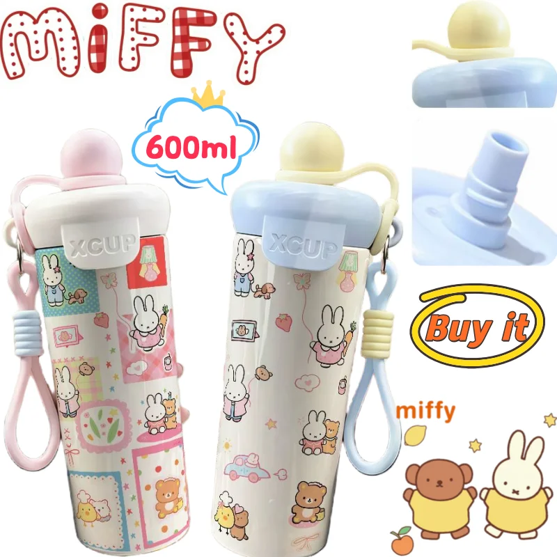 

Термос-кружка с кроликом Миффи, яркий дизайн, мультяшный стиль, большая вместимость, портативная, для улицы, из нержавеющей стали, с соломинкой, кофейная кружка, подарок