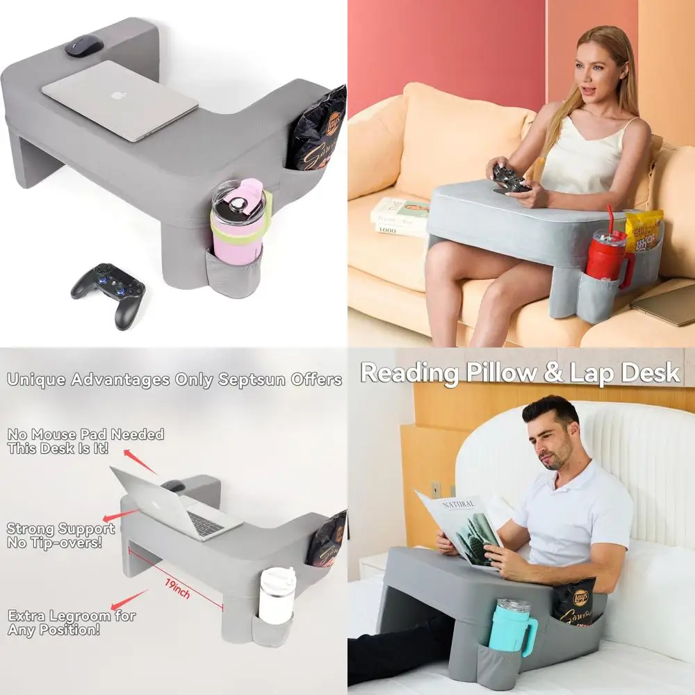 

Большой серый эргономичный стол с подстаканником и карманом для ноутбука на кровати, диване или автомобиле