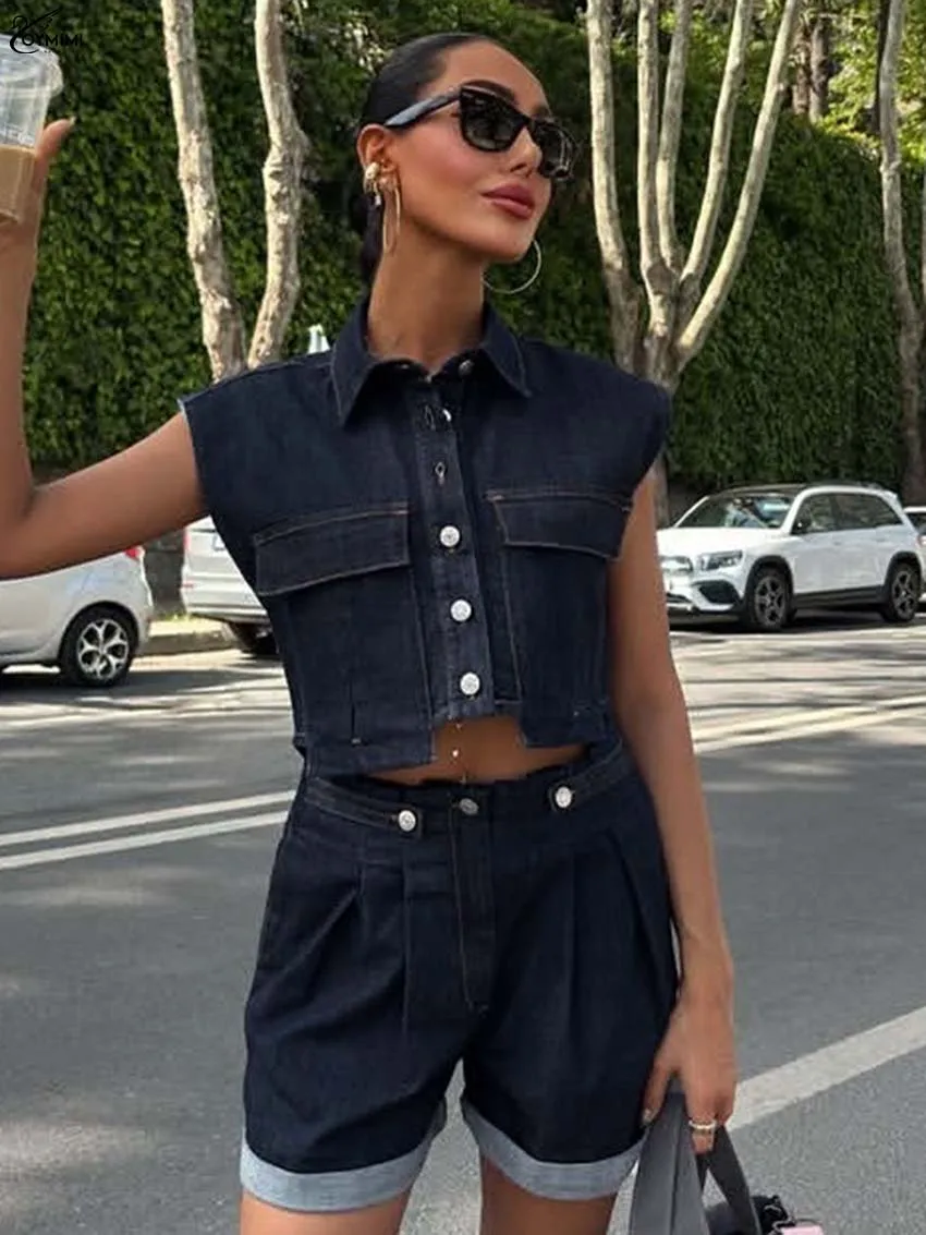 Oymimi модный темно-синий комплект из двух предметов, женские элегантные укороченные топы без рукавов с лацканами и карманами на пуговицах со средней талией, женские комплекты