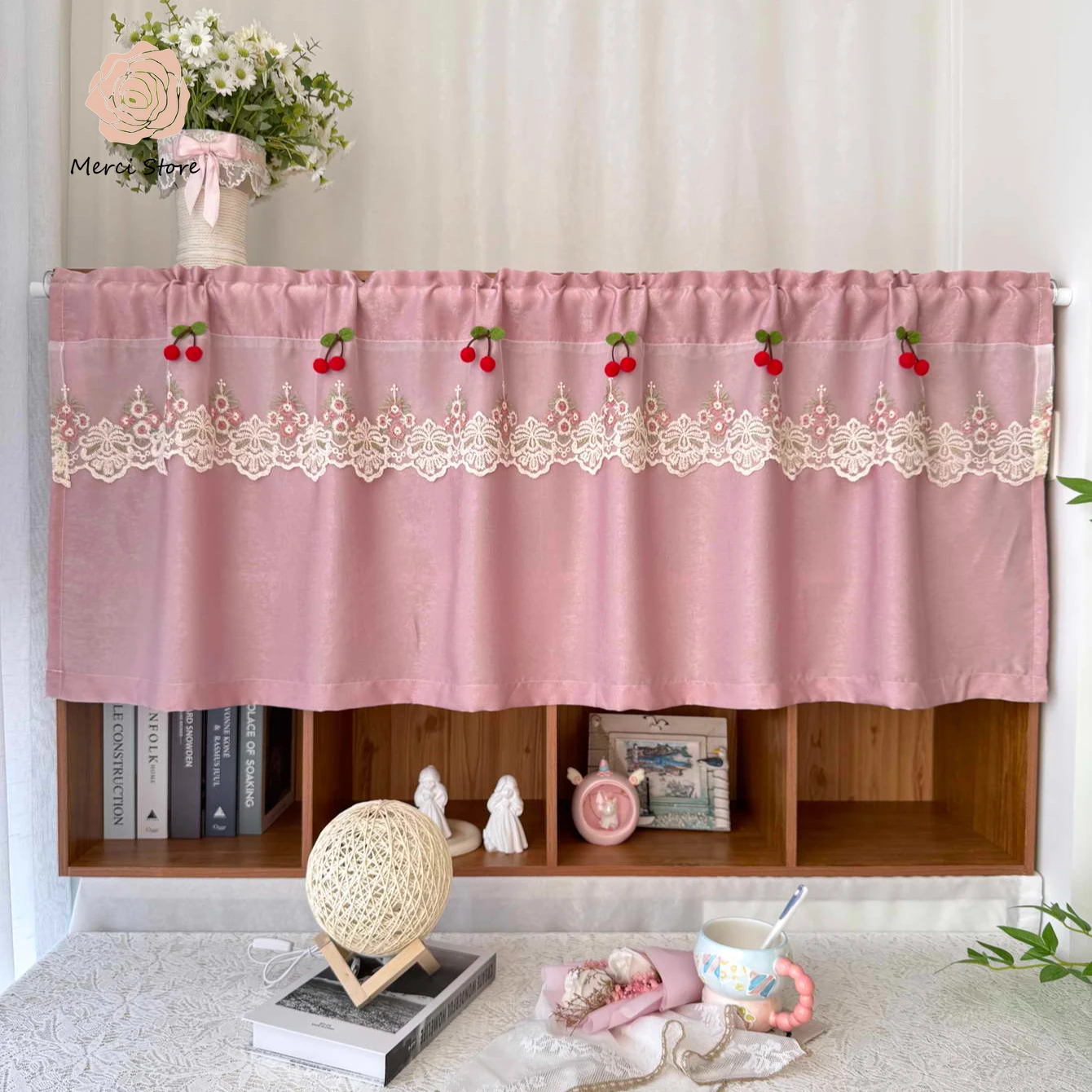 

Pink Exquisite Short Curtain Adorned with Delicate Cherry Elegant Lace Edging Curtains for Charming Home Decor for Bedroom