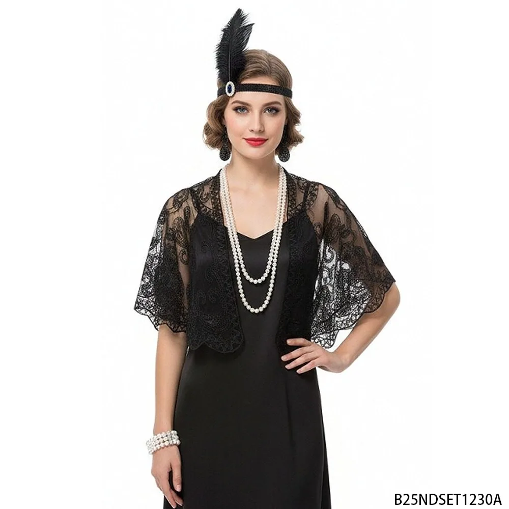 1920s Flapper Costume Accessories Set, Black Feather Headband Lace Shawl Pearl Jewelry, Roaring 20s Gatsby Halloween Cosplay