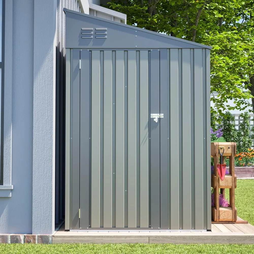 4x7 Ft Lean to Metal Bike Storage Olive Gray Lockable Door Ventilated Outdoor Garden Tool Organizer for Backyard (Gray