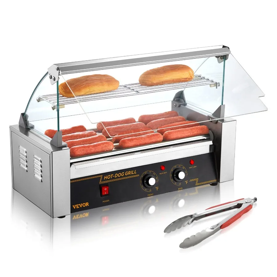 

Hot Dog Roller 5 Rollers 12 Hot Dogs Capacity 750W Stainless Sausage Grill Cooker Machine with Dual Temp Control Glass Hood Ac