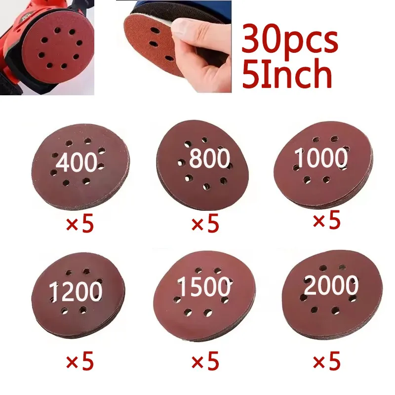 

30PCS 5 Inch 8 Hole Sanding Discs Hook and Loop Adhesive Sandpaper 125MM for Random Orbital Sander 400-2000 Grits Abrasive Sheet