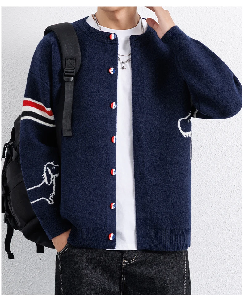 High-End-Marke Strickhemd Männer Frühjahr Herbst neue süße Hund Druck Mode farbige gestreifte Knopf Design Casual Rundhalsabdeckung Pullover Jacke – Detail 9