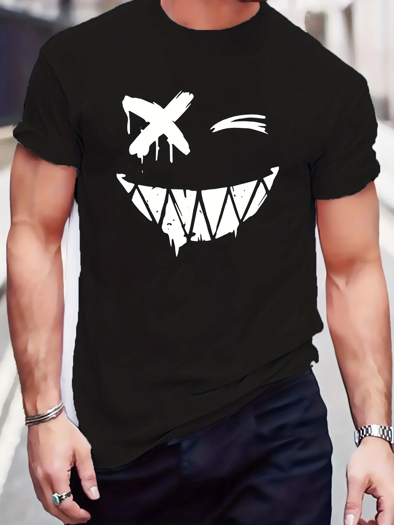 

Pop Men's Summer 100% Pure Cotton Fashionable Sports Casual Loose Smiling Face Pattern Print Round Neck Short Sleeved T-shirt To