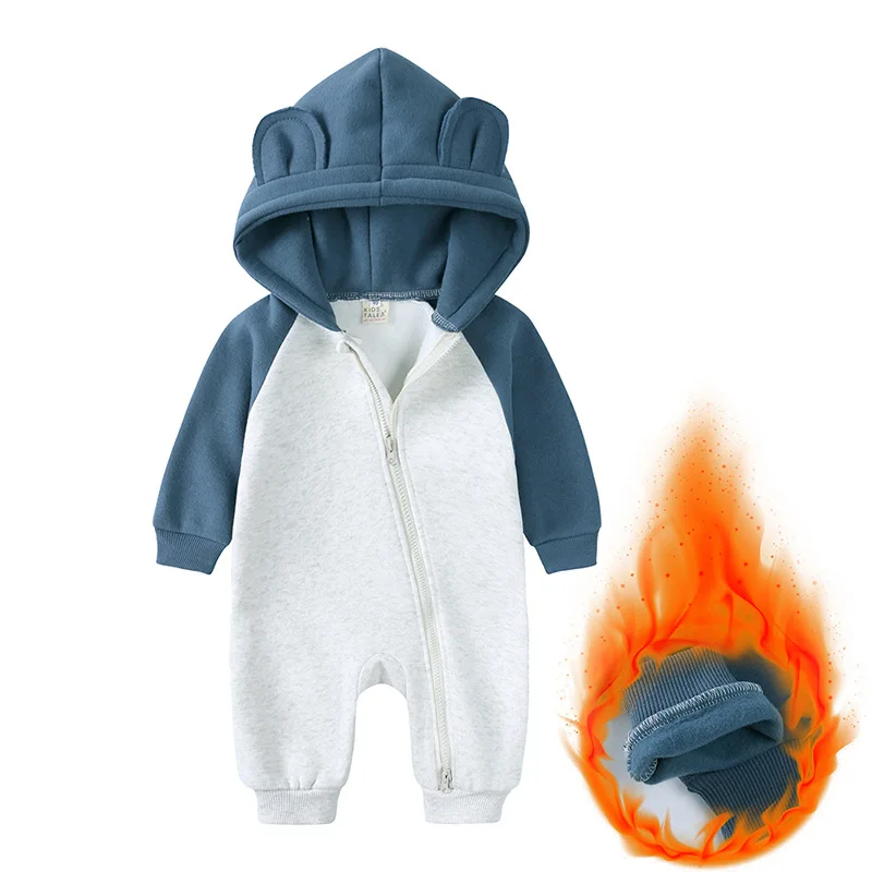 Autumn Winter Baby Kids Romper Patchwork Arctic Velvet Thick Warm Hooded Zipper Jumpsuits For Baby Boys Girls Bodysuit 0-18M