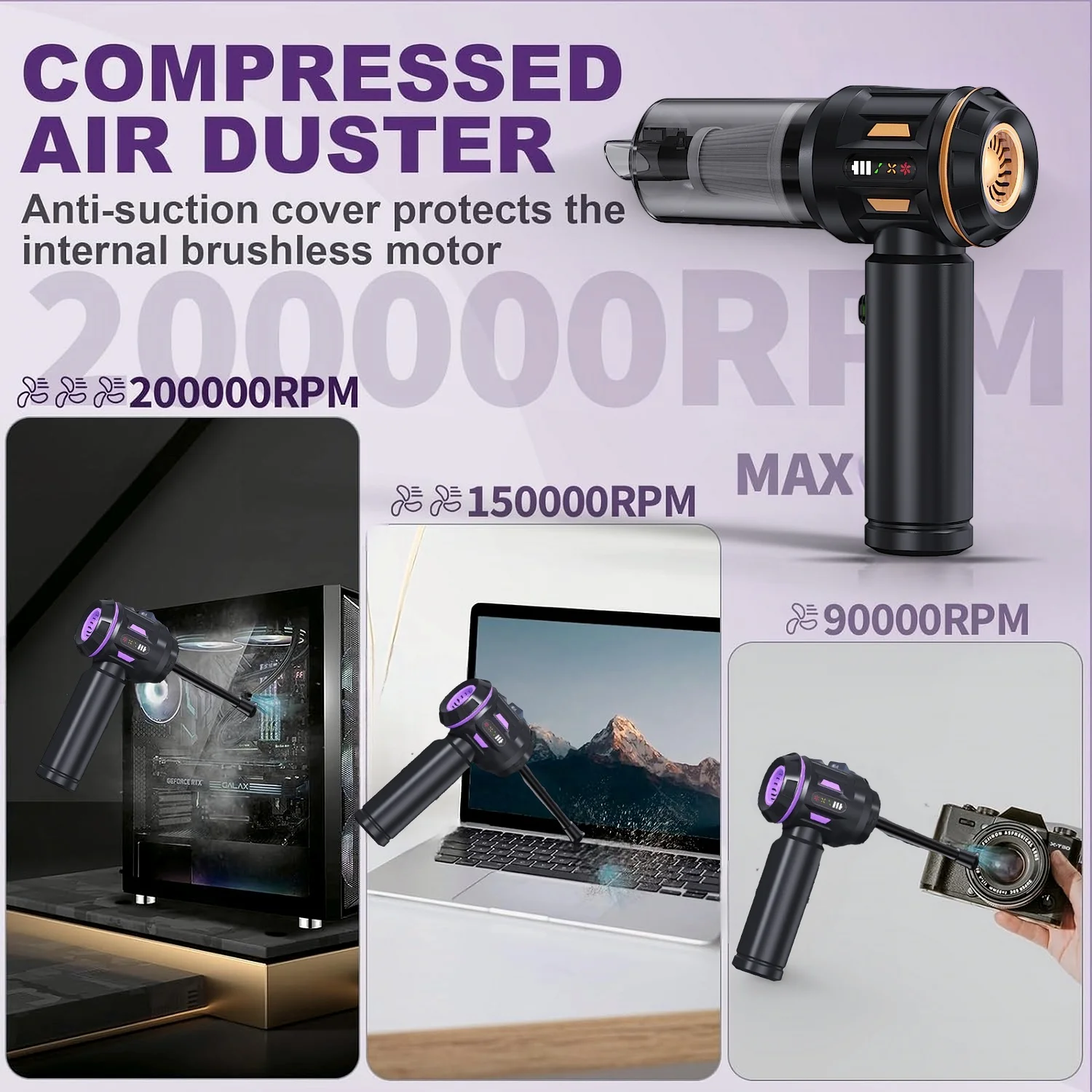 17000Pa High Suction Power Rechargeable Portable Car Vacuum Cleaner with Digital Display Screen and LED Light, 2000mAH*3