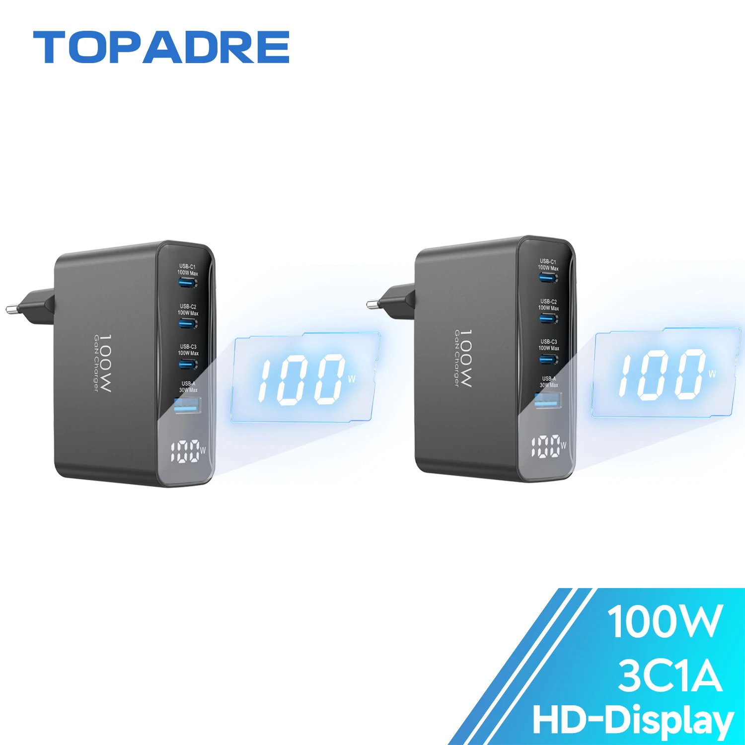 100W GaN USB Typ-C Schnellladegerät mit Display für Macbook, PPS PD Quick Charge 4.0/3.0 Schnellladung für iPhone 17/16/15 Samsung