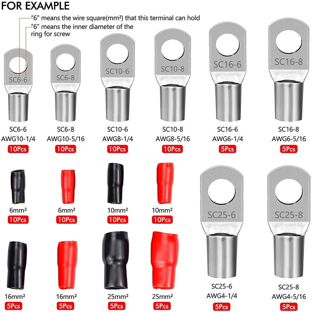 120Pcs SC Bare Terminals Lug Ring Seal Battery Wire Connectors 60Pcs Terminals And 60Pcs Soft Sheath Kit