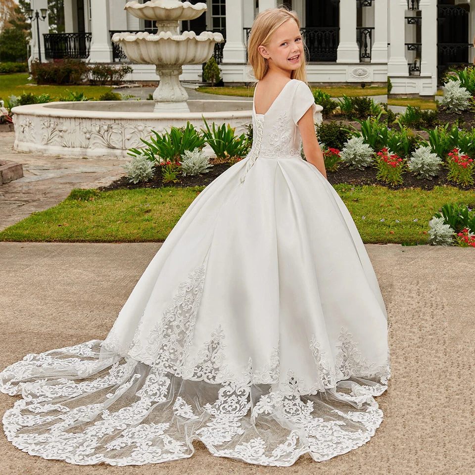 BABYONLINE Customized Communion Dress Features a Lace-appliqued Bodice Scoop Neckline Short Tulip Sleeves Laced-up Back Gowns