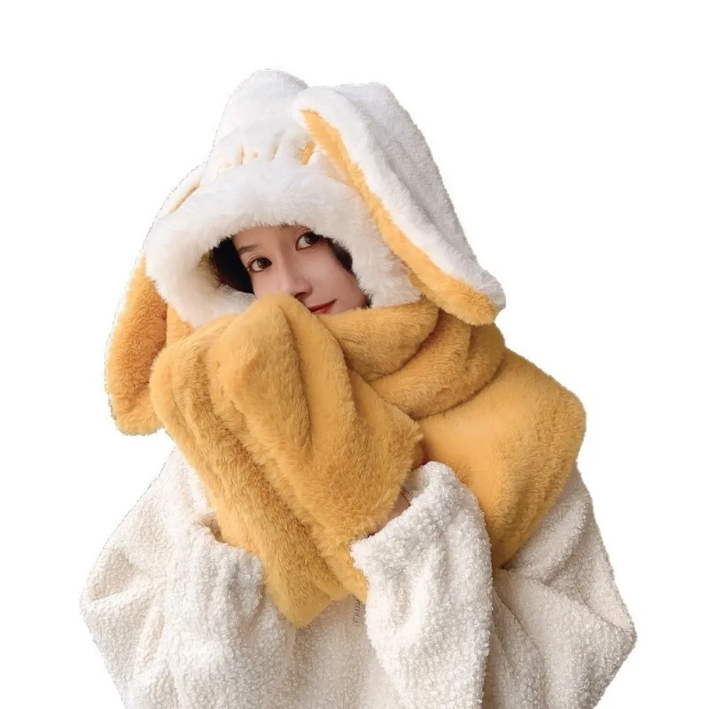 Carino sciarpa con cappuccio 3 in 1 tenere al caldo addensare sciarpa di peluche cappello guanti set protezione per le orecchie cappello invernale antivento all'aperto