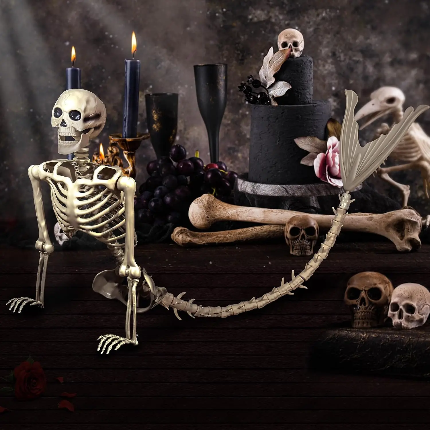7 Ft 84 In Mermaid Skeleton Halloween Decoration, Life Size Hanging Prop with Posable Movable Joints for Spooky Scene Party Favors