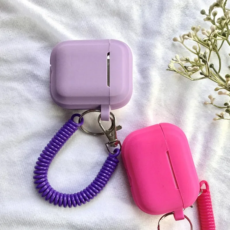 Case For Airpods 1/2/3Silicone Solid Color Protective Earphone Cover For Apple Air Pods Pro 2 with Spring Fexible Chain Keyring