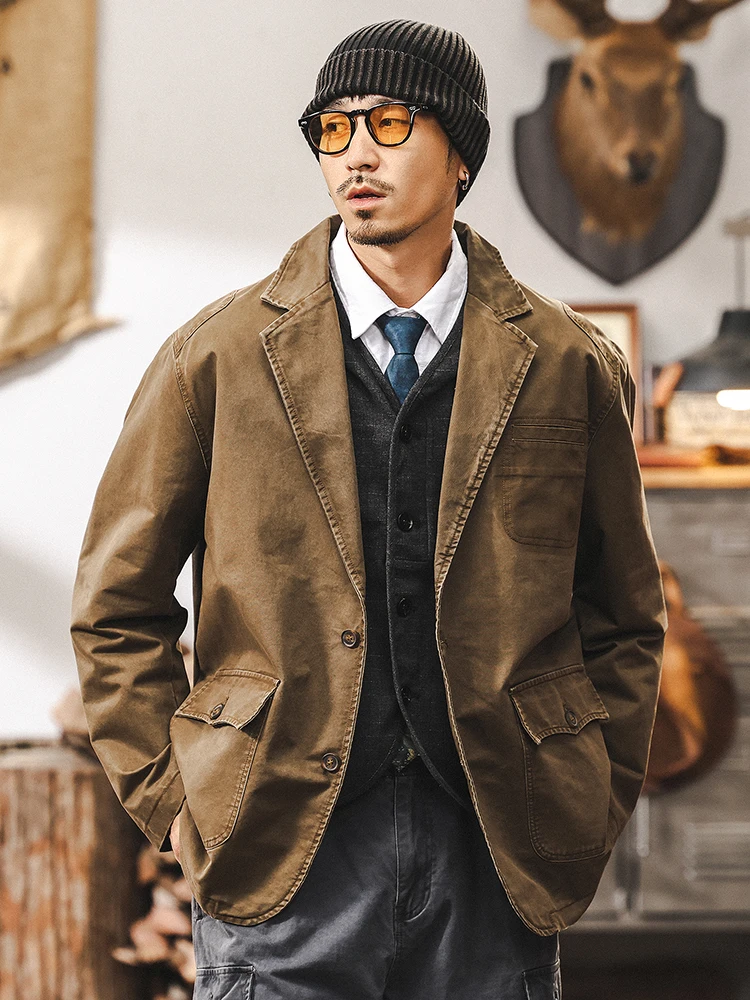 Amekaji Men's American Retro Casual Blazer in Maillard Tones 2025 Autumn 100% Cotton Distressed-Wash Utility Suit Jacket