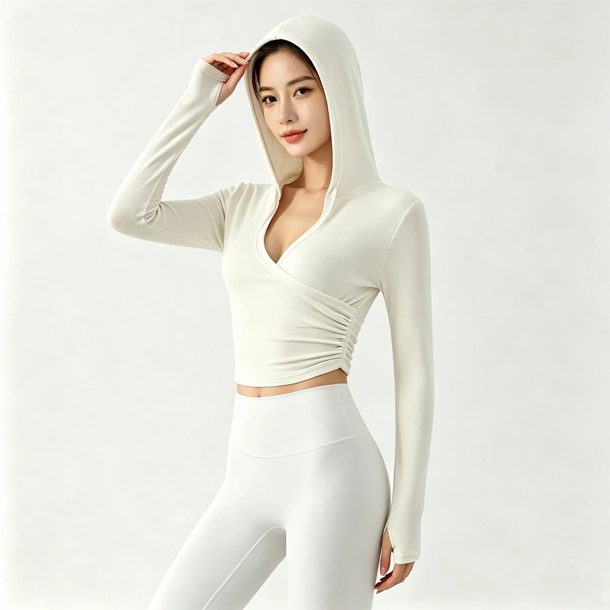 Damen Slim Fit Yoga-Shirt mit Kapuze, V-Ausschnitt, Langarm-Oberteil für Outdoor-Fitness, Laufen, Yoga, Sportbekleidung, Schlankmachende Trainings-Oberteile – Detail 7