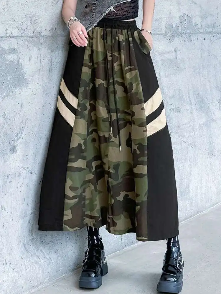 High Elastic Waist Camouflage Color-block Casual A-line Half-body Skirt Women Fashion Tide New Spring Autumn