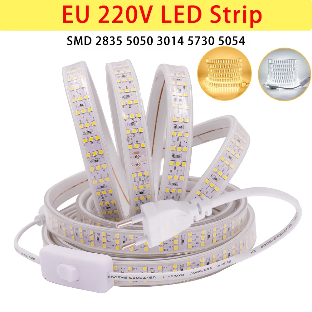 AC 220V LED Strip Outdoor Waterproof Lamp SMD 2835 276Leds/M Flexible Tape Ribbon 5050 5730 3014 Christmas Light with EU Plug