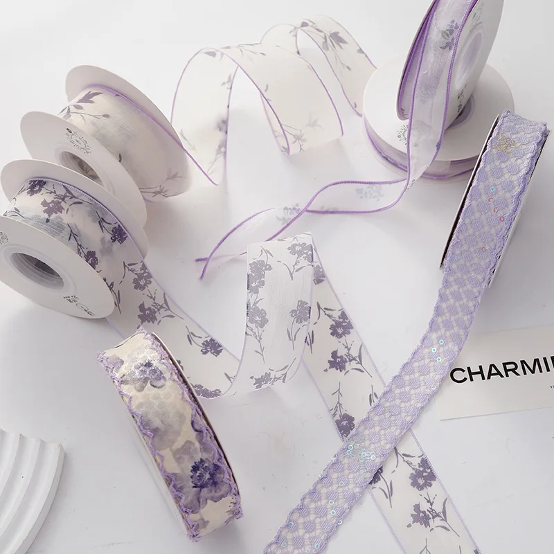 10yards Romantic Purple Series Chiffon Ribbon Flower Organza Ribbon for DIY Hair Bows Clothing Sewing Craft Gift Wrapping Decor