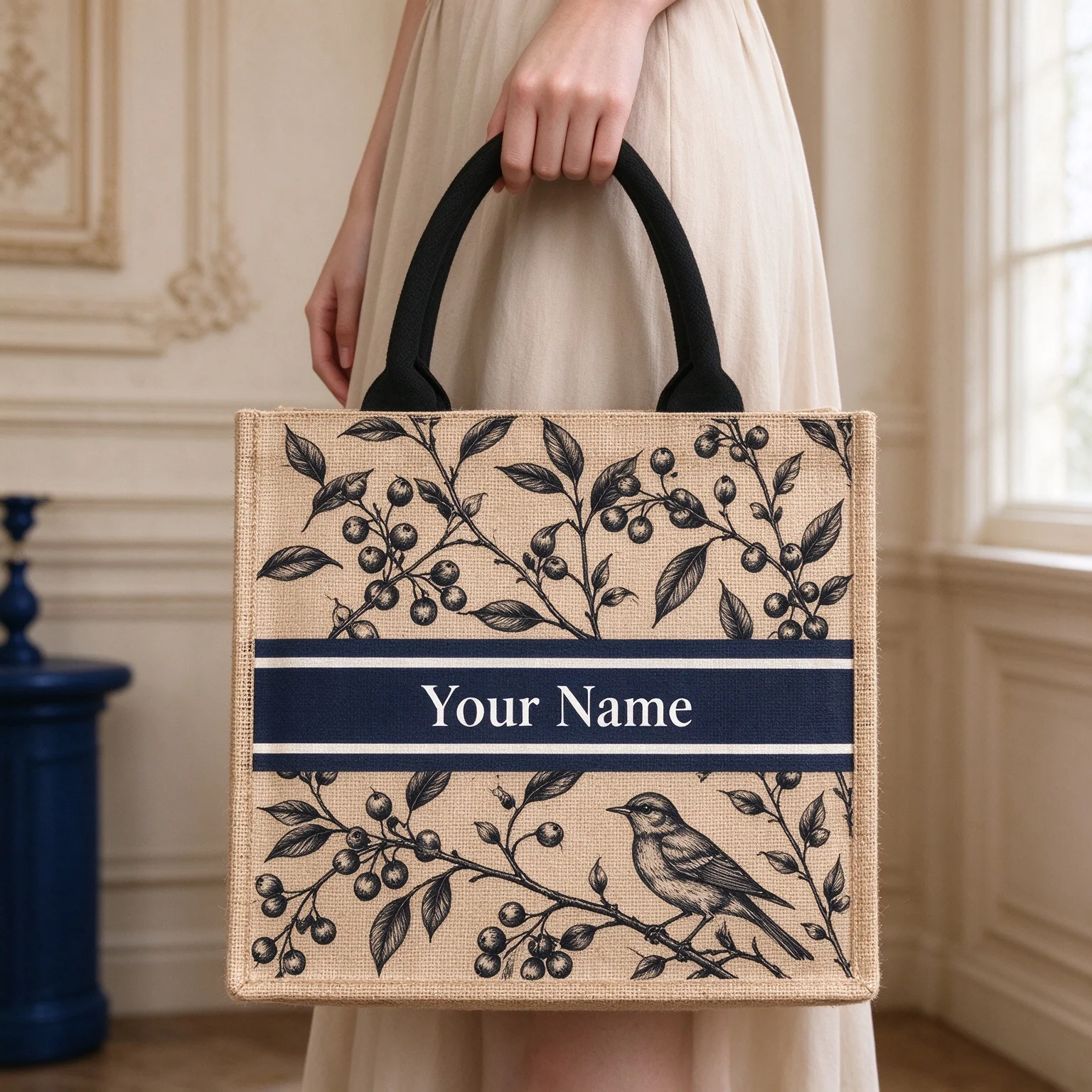 Vintage Branch Berry Bird Jute Tote Bag, Custom Name Burlap Handbag, Reusable Shopping Bag for Daily Commute Gift
