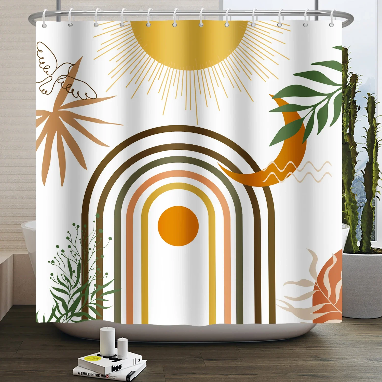 Mid Century Boho Shower Curtain for Bathroom Cat Modern Abstract Geometry Arch Sun Aesthetics Bohemian Shower Curtain Waterproof