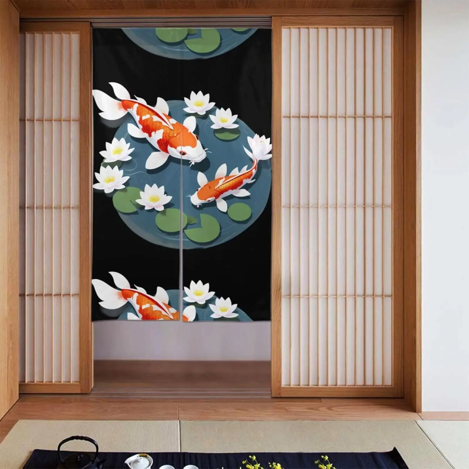 Tranquil Japanese Koi Curtain, Black Background Orange Koi & White Lotus Print For Entryway & Study, Auspicious Oriental Decor