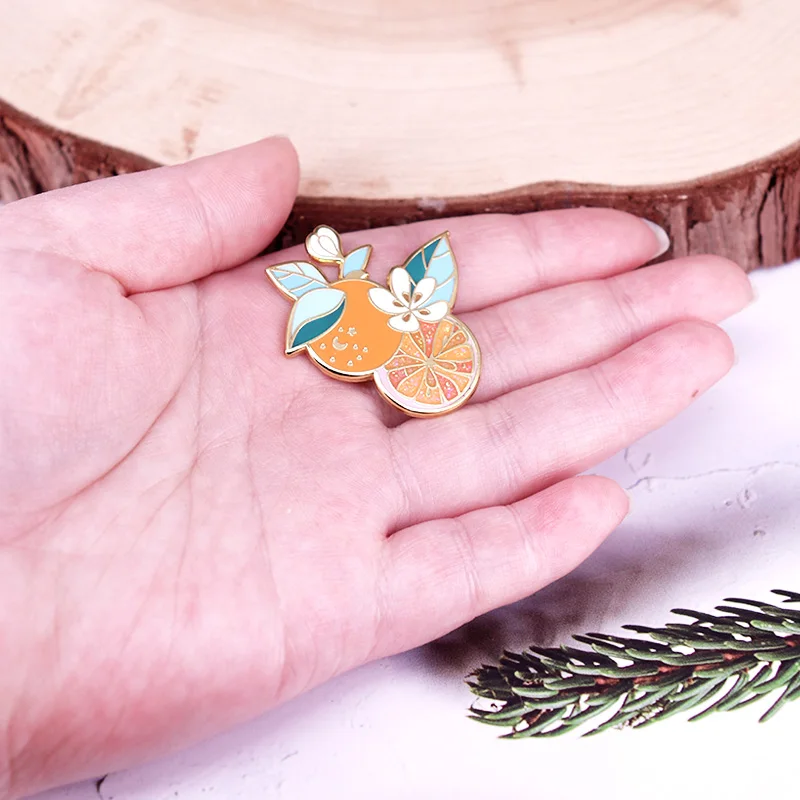 Orange Flower Enamel Pin Cute Metal Glitter Fruit Badge Fashion Gifts Jewelry Accessories