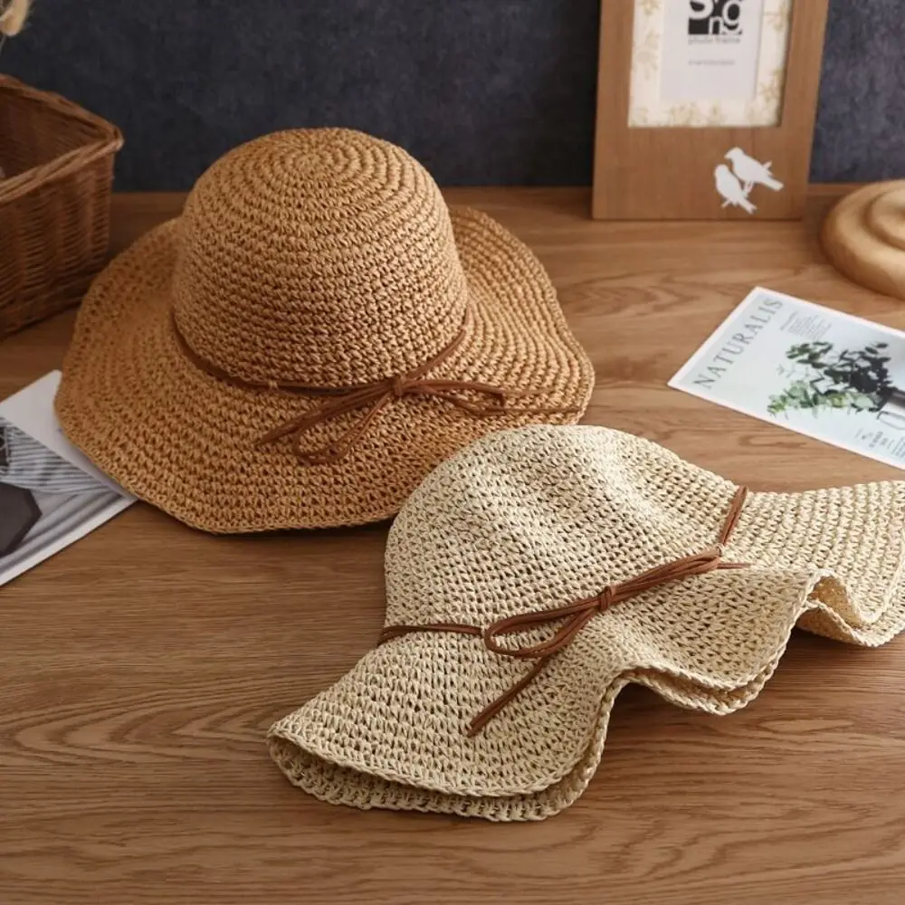 

Fashion French Style Bow Straw Hat Wide Brim Beach Folding Straw Hats Travel Spring Summer Women's Sun Hat Outdoor
