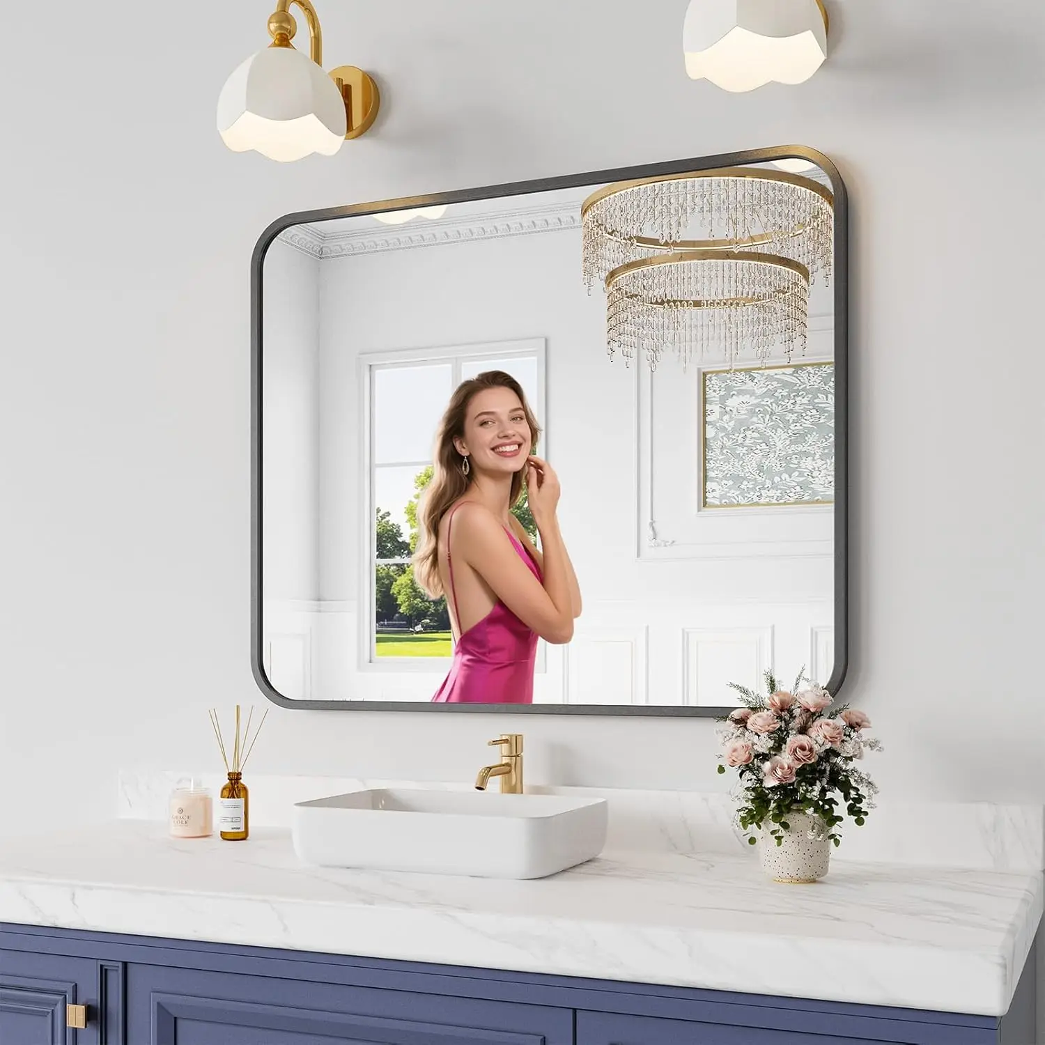

Bathroom Mirror, 30X36 Inch Black Metal Framed Mirror for Bathroom, Tempered Glass, Anti-Rust, Rounded Rectangle Mirror for Rest