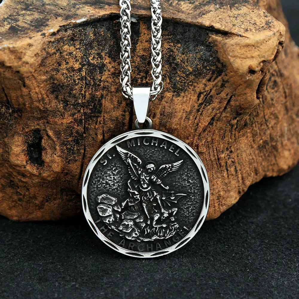 Vintage Men Stainless Steel Archangel St.Michael Guardian Pendant Necklaces Fashion Jewelry Creativity Chains Gifts Wholesale