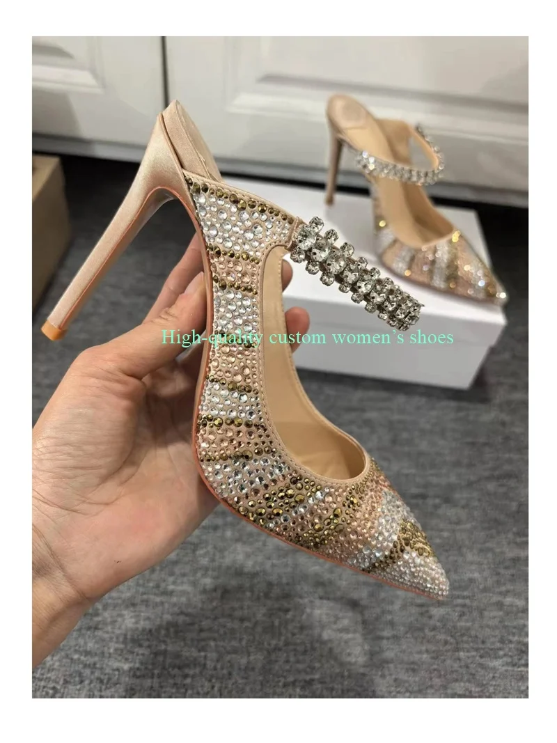 Pointed Green And Red Color-Blocked Full of Rhinestone Decorations Women's High Heels Metal Decorated Low-cut Luxury Sandals