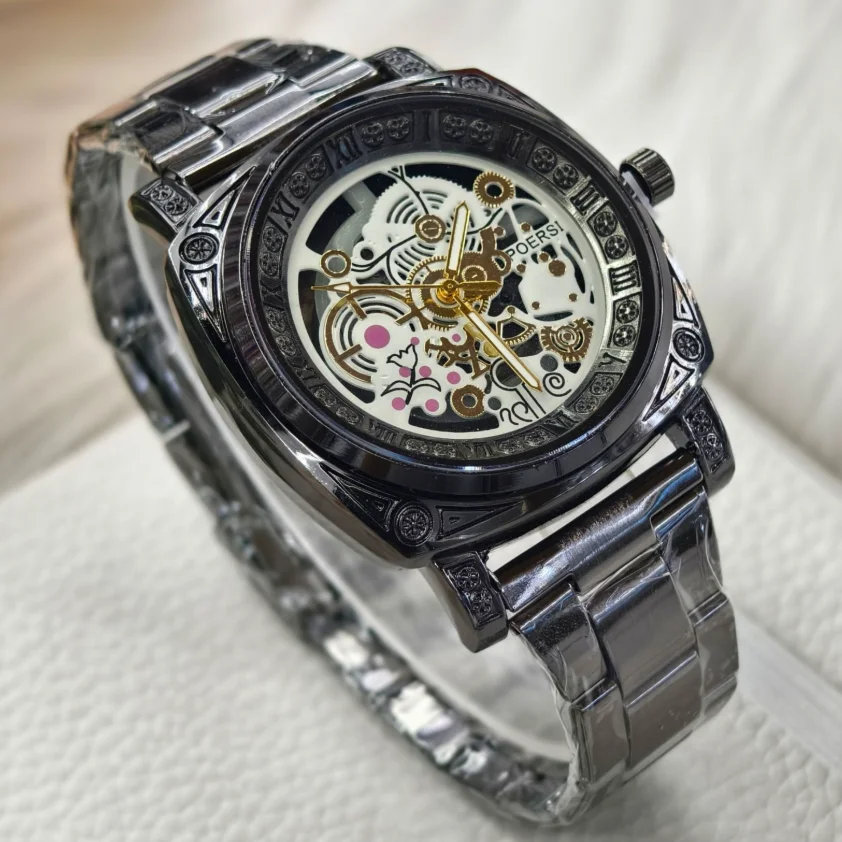 New Fashion Luxury Man Square Hollow Skeleton Faux Mechanical Watch Men Top Business Stainless Steel Quartz Watch Reloj Hombre